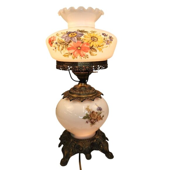 Vintage 3 way Table Lamp Floral Hand-Painted Glass Shade & Metal Base Electric D - Picture 1 of 16